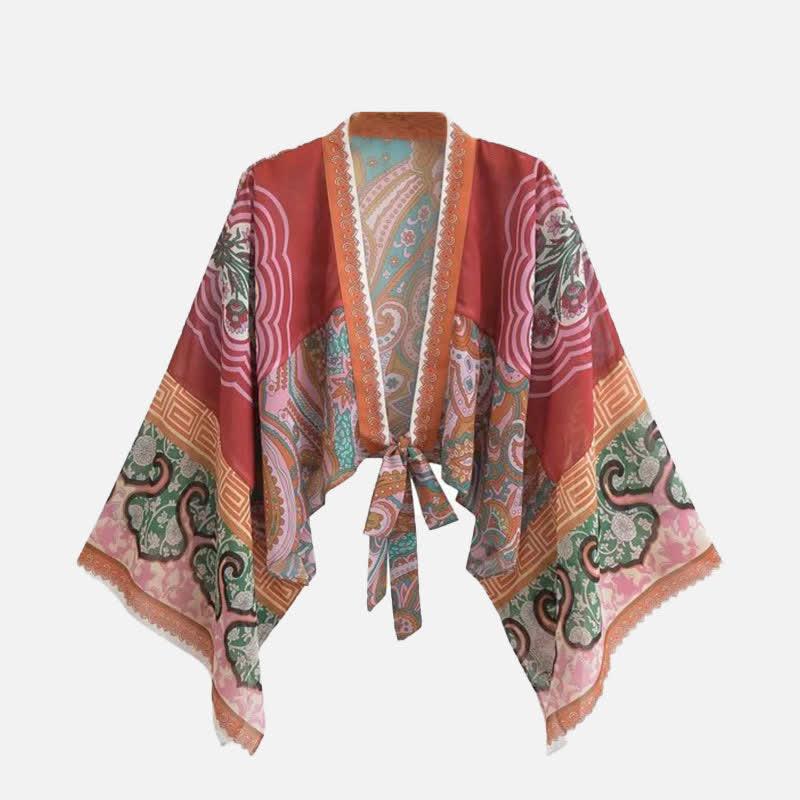 Boho Vintage Print Lace Up Cardigan Kimono Outerwear  |   Outerwear Clothing Green