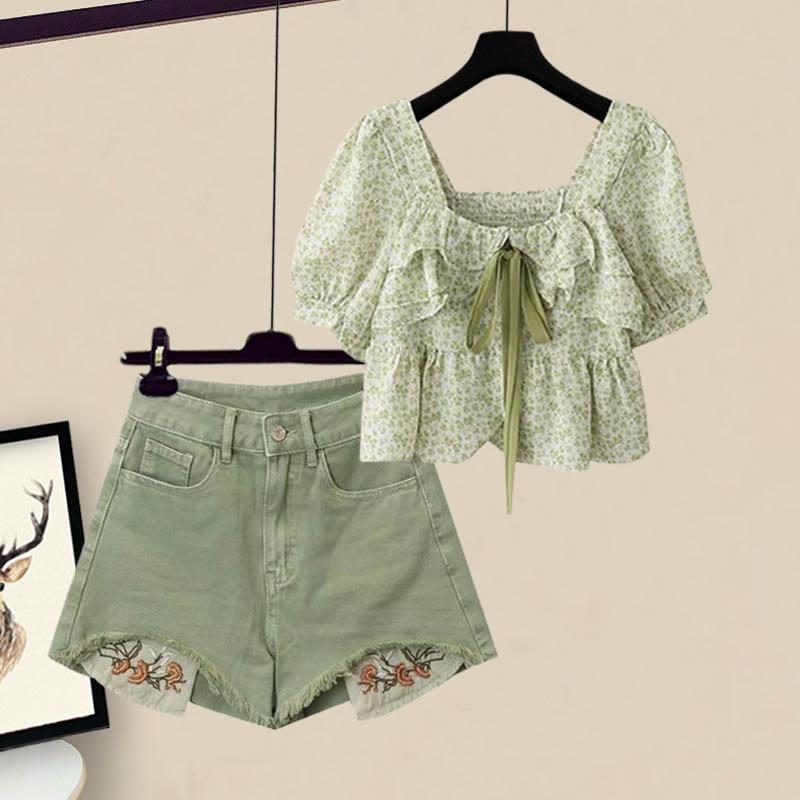 Bow Floral Print Blouse Flower Embroidery Denim Shorts Two Pieces  |   Shorts Clothing Blouse