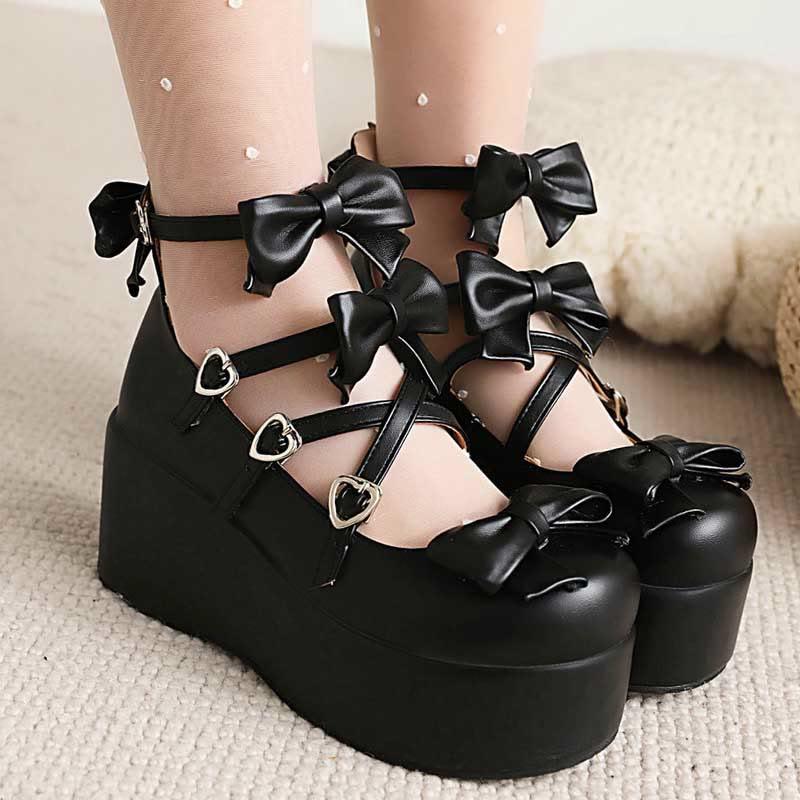 Bow Heart Decoration Lolita Round Toe Mary Janes Shoes  |   Mary Janes & Flats Mary Janes & Flats Black