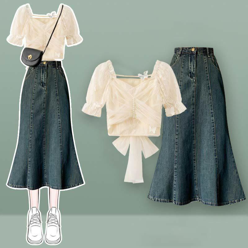 Bow Knot Butterfly Tulle Crop Top T-Shirt Fishtail Denim Skirt Two Pieces Set  |   Crop Tops & Camis Clothing Apricot Set