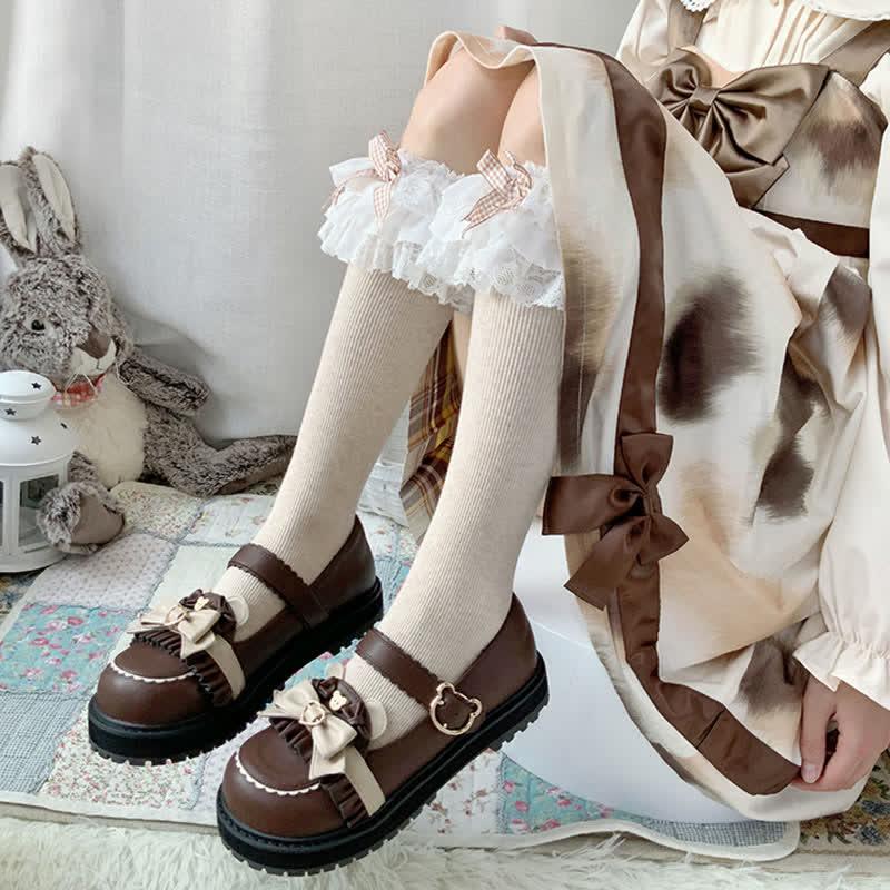 Bow Knot Button Bear Platform Lolita Shoes  |   Mary Janes & Flats Mary Janes & Flats Apricot