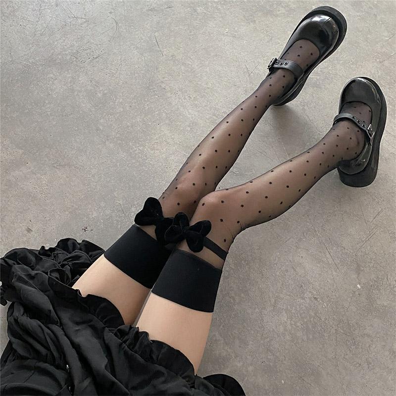 Bow Knot Decor Polka Dots Silk Stockings  |   Socks Accessories Black