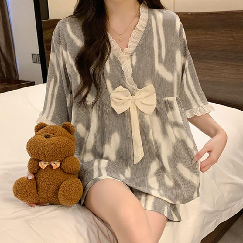 Bow-Knot Irregular Print T-Shirt Shorts Pajamas Set With Breast Pads  |   Pajamas Clothing Grey