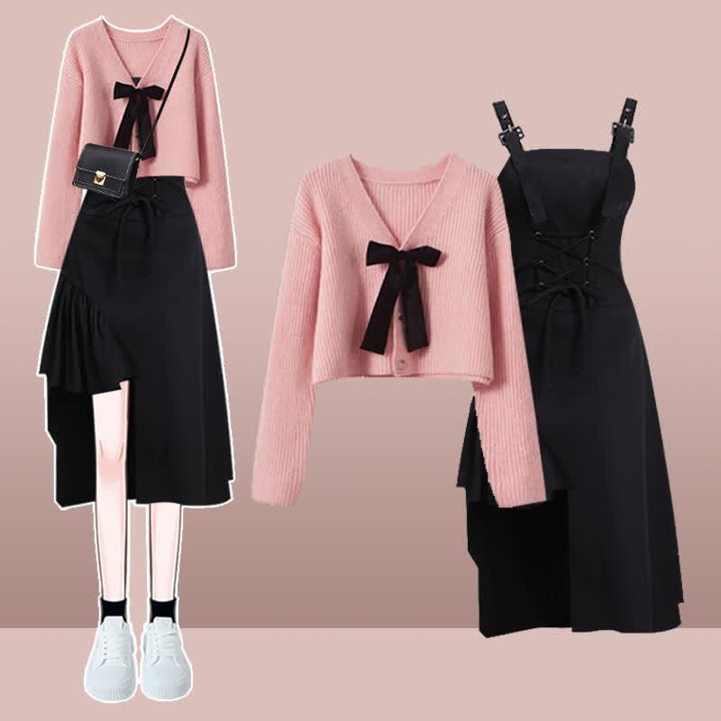 Bow Knot Knit Cardigan Sweater Irregular Lace Up Suspender Dress  |   Dresses Clothing Black Dress