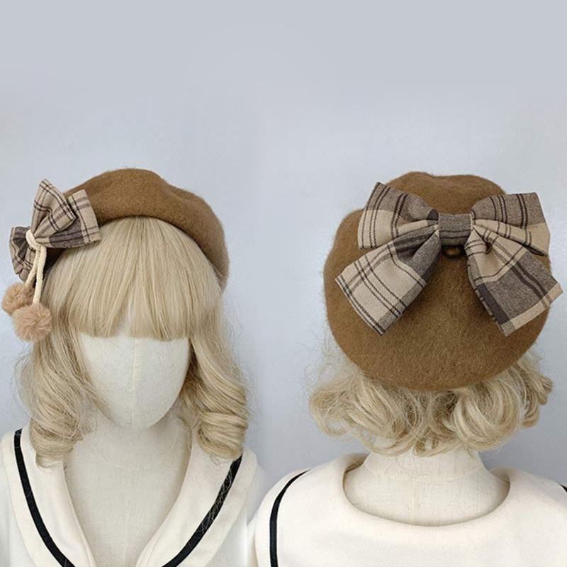 Bow Knot Plaid Lolita Beret  |   Hats & Scarfs Accessories Beige