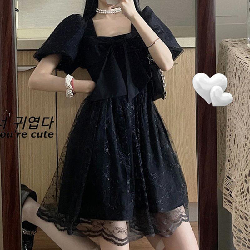 Bow Knot Square Collar Tulle Dress  |   Dresses Clothing Black