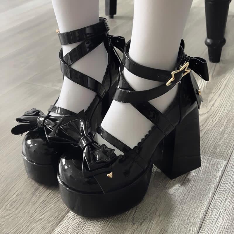 Bow Knot Star Buckle Lolita High-Heeled Shoes  |   Mary Janes & Flats Mary Janes & Flats Black