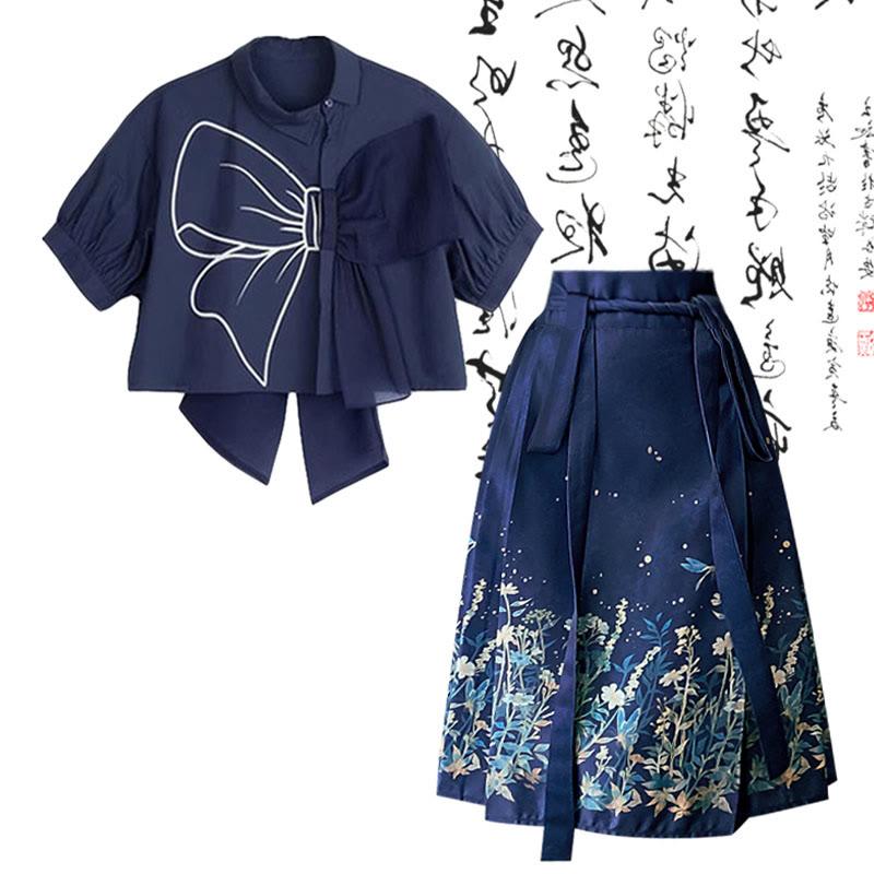 Bow Print Print T-Shirt High Waist Pleated Skirt  |   Skirts Clothing Long Pleated Skirt