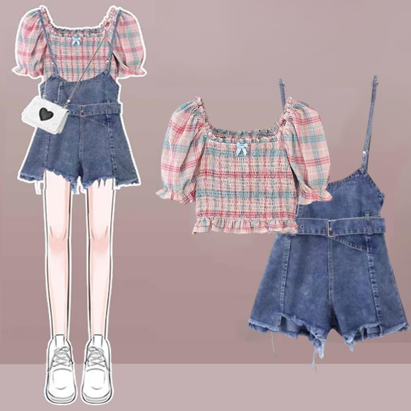 Bow Stripe Print Blouse Denim Overalls Two Pieces  |   T-Shirts Clothing Blouse