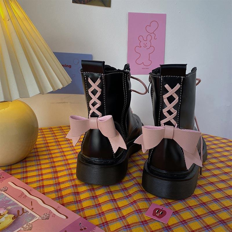 Bow Tie Lolita Flat Platform Boots  |   Boots Boots Black