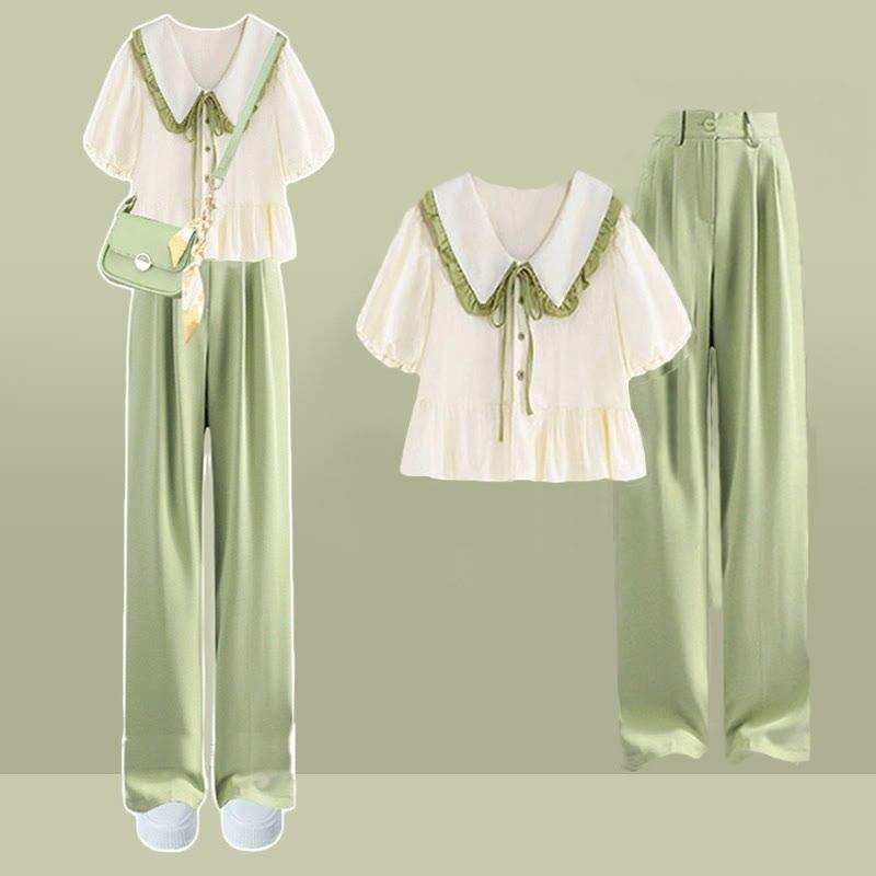 Bow Top Green Casual Pants Two Pieces  |   T-Shirts Clothing Pants