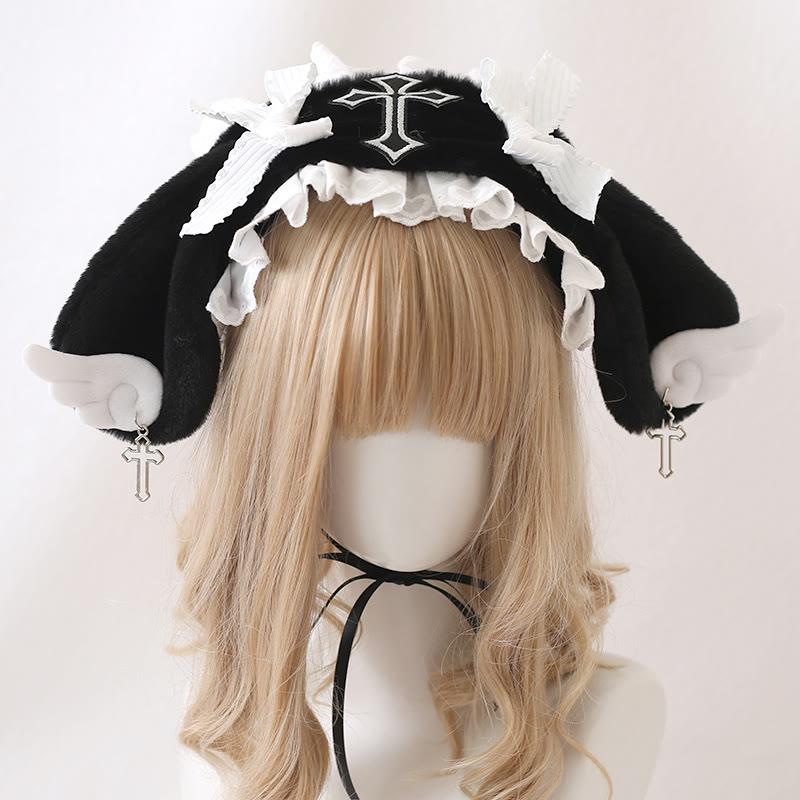 Bowknot Cross Decor Lolita Plush Hat  |   Hats & Scarfs Accessories Black