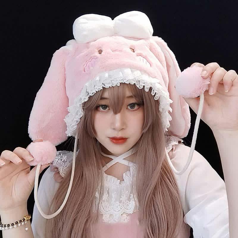 Bowknot Decor Lolita Bunny Ears Plush Hat  |   Hats & Scarfs Accessories Coffee