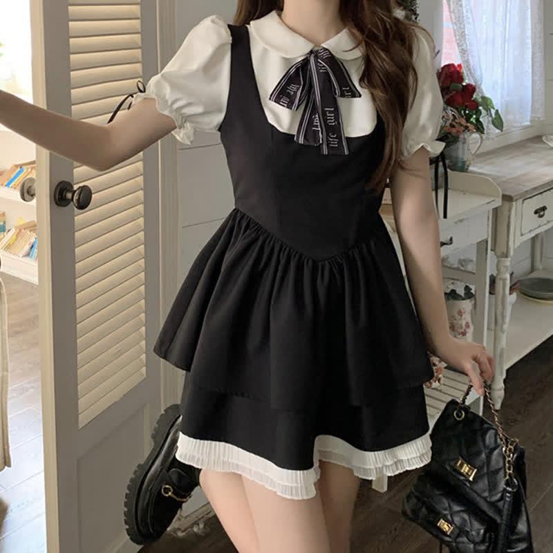 Bowknot Doll Collar Puff Sleeve Layered Fake Two Piece Dress  |   Dresses Clothing Black