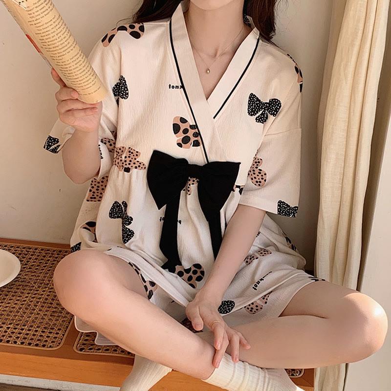 Bowknot Print T-Shirt Shorts Pajamas Set With Breast Pads  |   Shorts Clothing Apricot