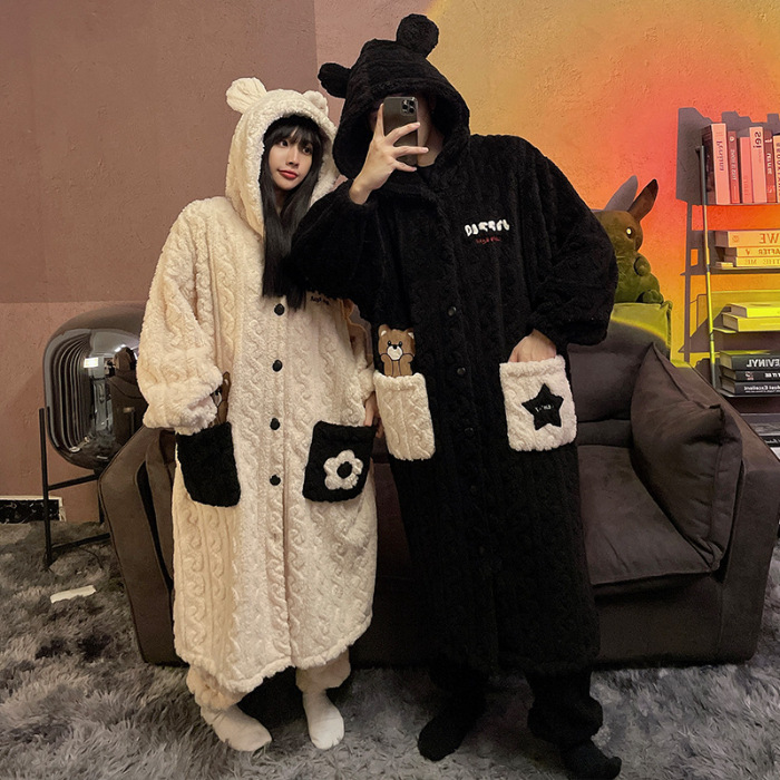 Boyfriend Girlfriend Bear Print Pocketed Plush Hooded Pajama Set  |   Pajamas Clothing Black