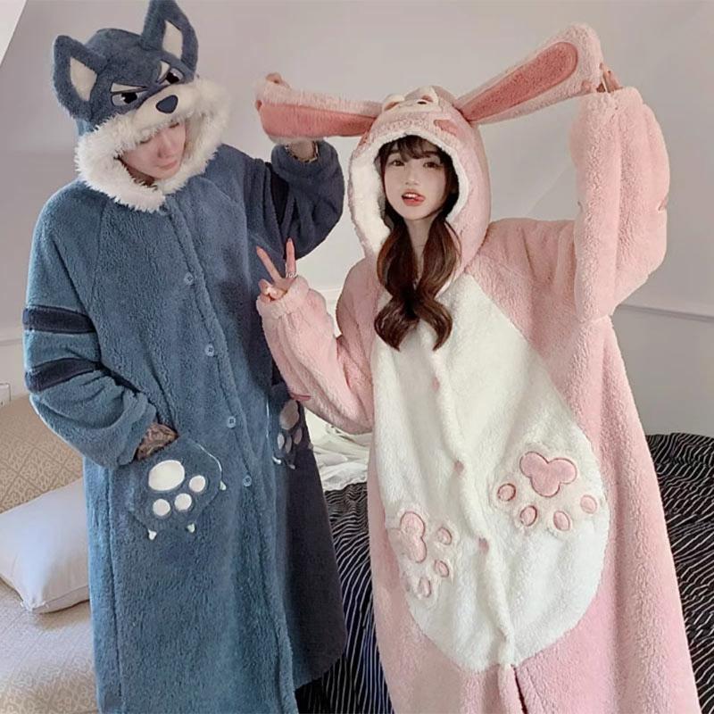 Boyfriend Girlfriend Cartoon Bunny Wolf Plush Hooded Pajama Set  |   Pajamas Clothing Grey Robe