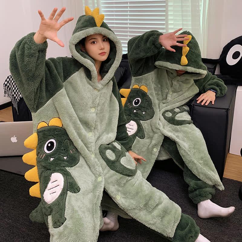 Boyfriend Girlfriend Cartoon Dinosaur Embroidery Plush Pajama Set  |   Pajamas Clothing Green