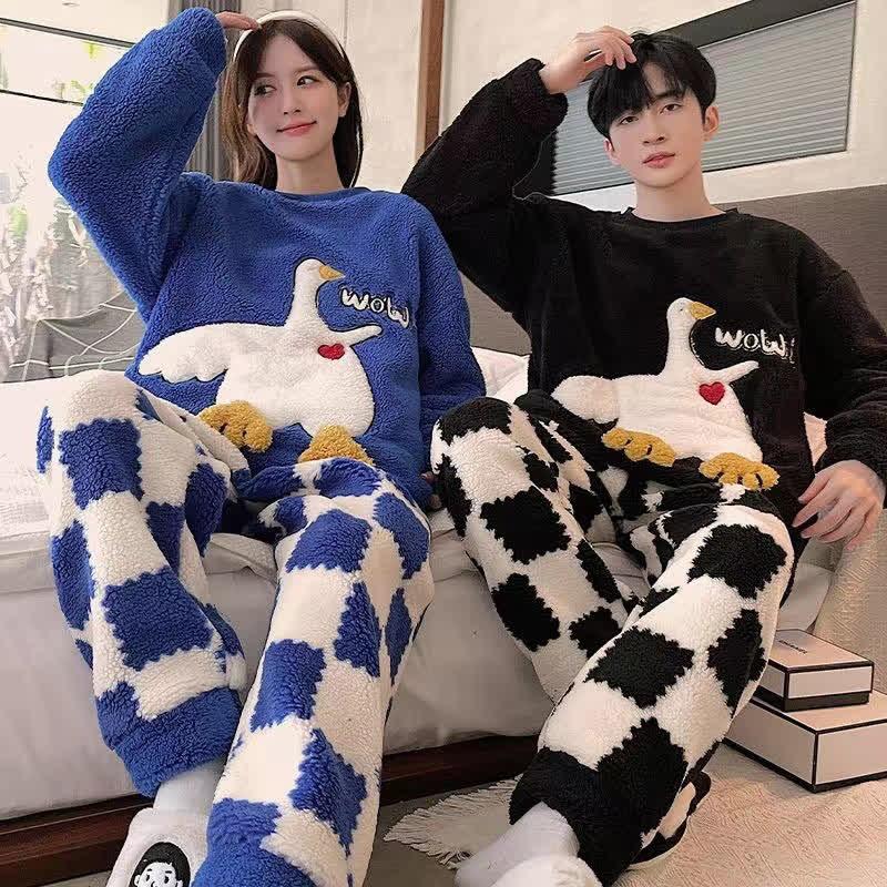 Boyfriend Girlfriend Cartoon Duck Lattice Plush Pajama Set  |   Pajamas Clothing Black