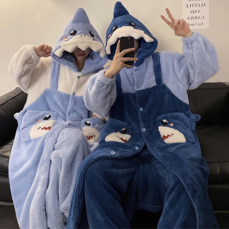 Boyfriend Girlfriend Cartoon Shark Plush Hooded Pajama Set  |   Pajamas Clothing Blue Robe