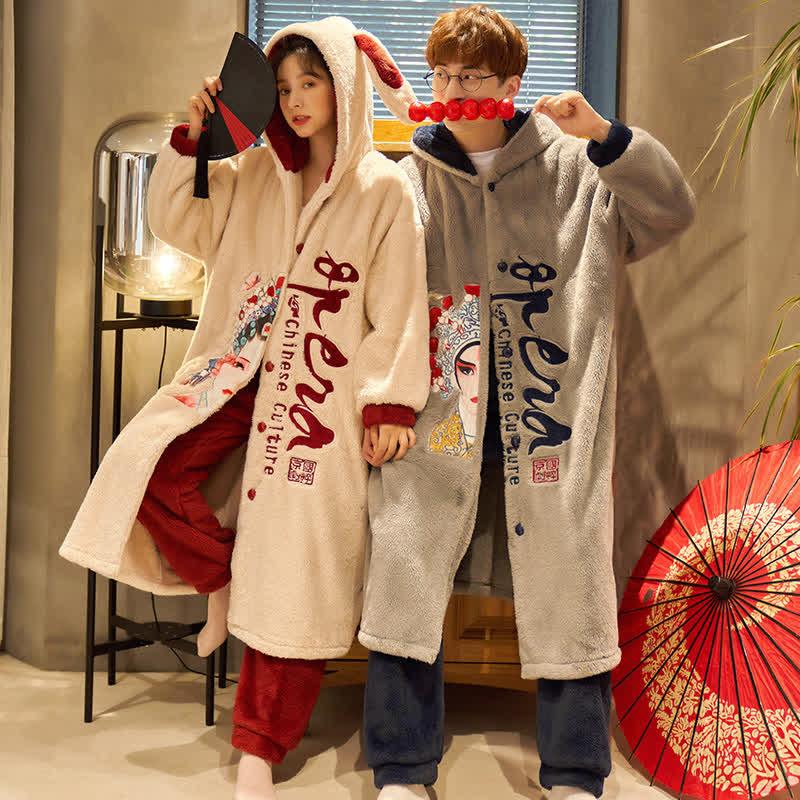 Boyfriend Girlfriend Peking Opera Embroidery Vintage Plush Pajama Set  |   Pajamas Clothing Apricot