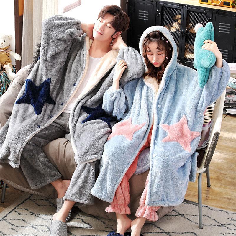 Boyfriend Girlfriend Star Open Front Plush Hooded Pajama Set  |   Pajamas Clothing Blue & Pink