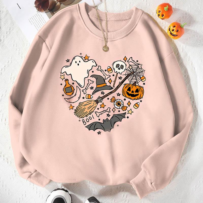 Broom Ghosts Pumpkin Bat Print Loose Casual Sweatshirt  |   Sweatshirts & Hoodies Clothing Apricot