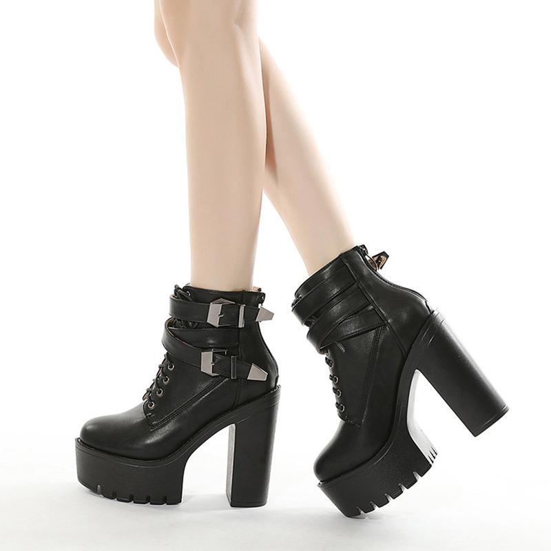 Buckle Lace Up Chunky High Heel Boots  |   Boots Boots Black