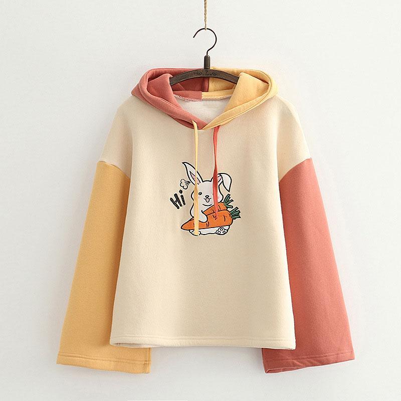 Bunny Carrot Print Color Block Hoodie  |   Sweatshirts & Hoodies Clothing Beige