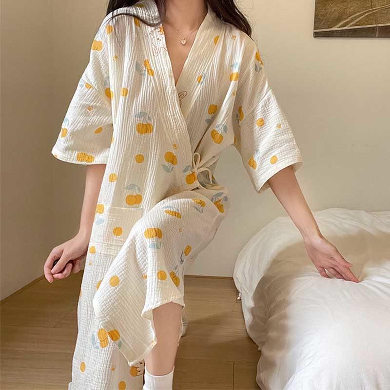 Bunny Cherry Print Lace-Up Kimono Pajamas Dress  |   Pajamas Clothing Apricot