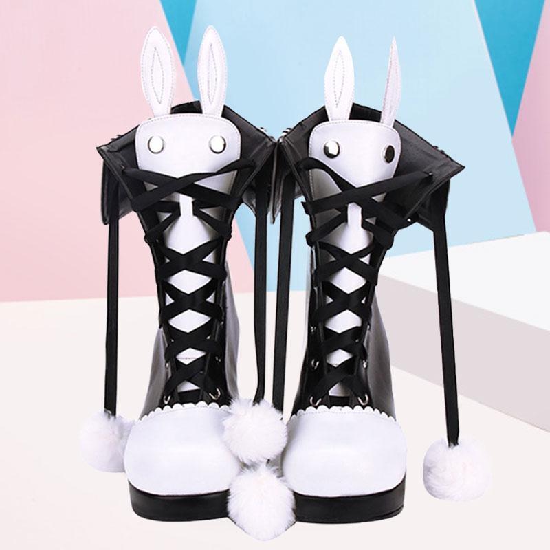 Bunny Ears Lace-Up Fuzzy Ball Collar High Heel Lolita Boots  |   Boots Boots Black & White