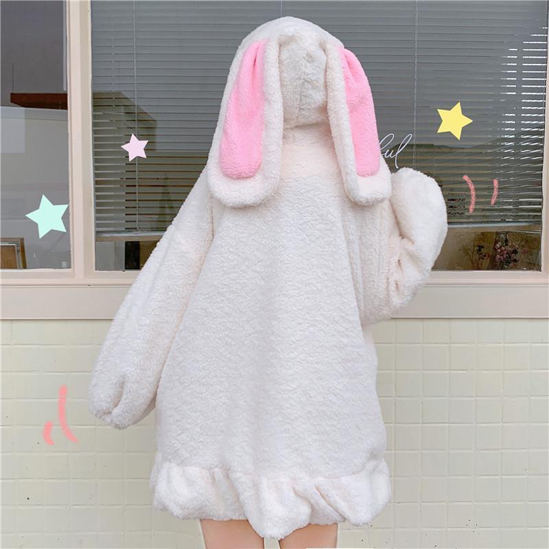 Bunny Ears Ruffle Plush Hooded Coat  |   Outerwear Clothing Black