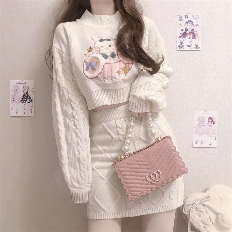 Bunny Embroidery Crop Sweater Skirt  |   Dresses Clothing Dresses