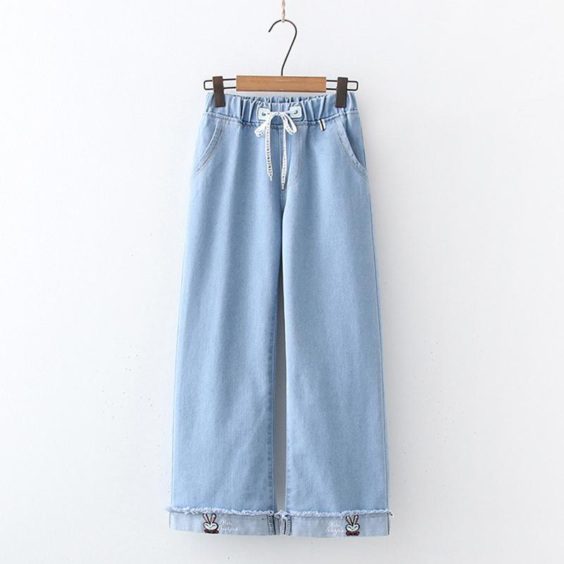 Bunny Embroidery Letter Drawstring Jeans  |   Pants Clothing Light Blue