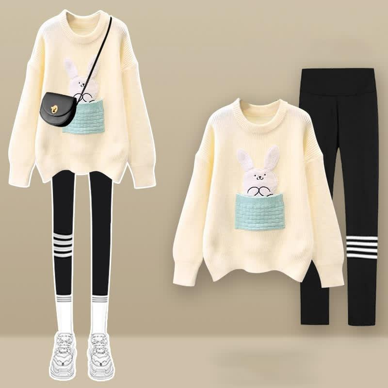 Bunny Embroidery Round Collar Knit Sweater Plush Pants Two Pieces Set  |   Sweater Clothing Apricot Sweater