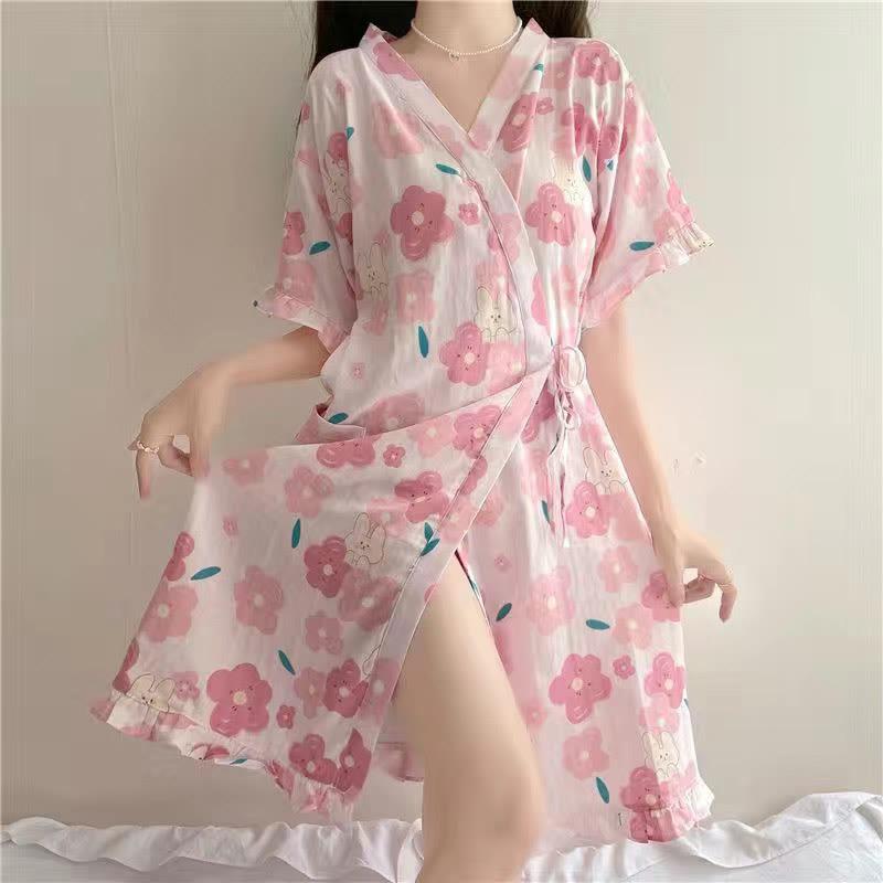 Bunny Floral Print Kimono Pajamas Dress  |   Pajamas Clothing Pajamas