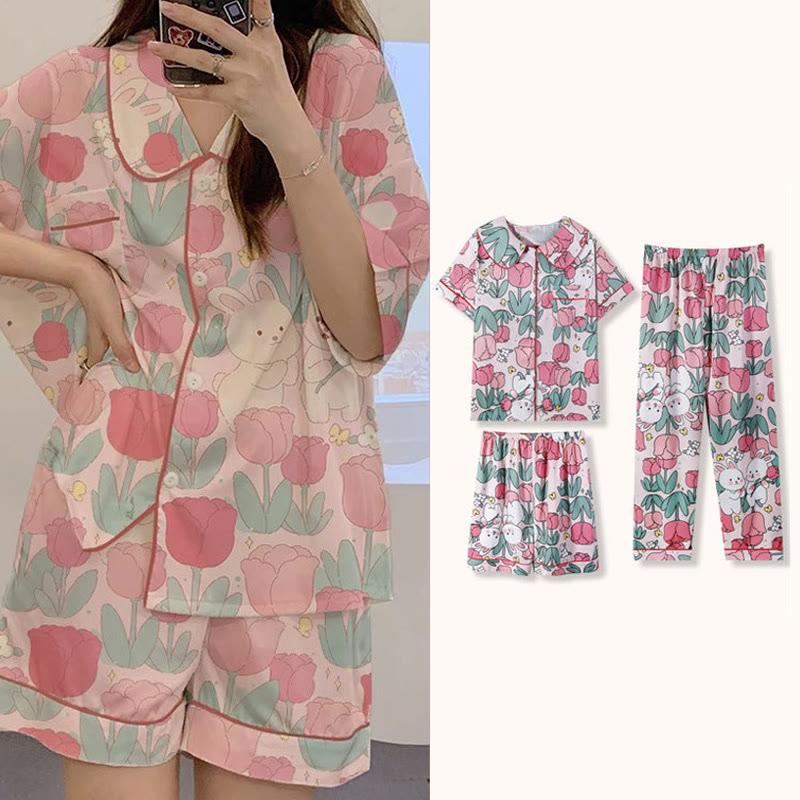 Bunny Floral Print Summer Pajamas Three Piece Set  |   Pajamas Clothing Multicolor