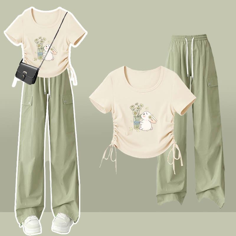 Bunny Flower Print Drawstring T-Shirt Cargo Pants Two Pieces Set  |   T-Shirts Clothing Pants