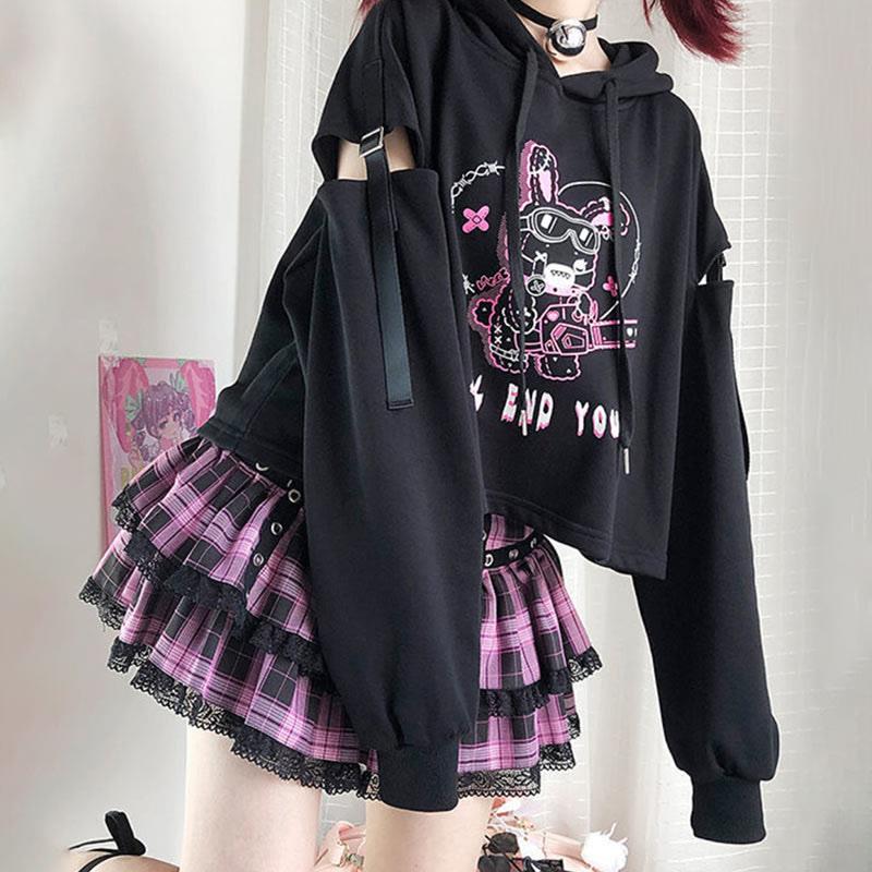 Bunny Letter Print Hooded Sweatshirt Plaid Print Skirt Two Pieces  |   Skirts Clothing Hoodie