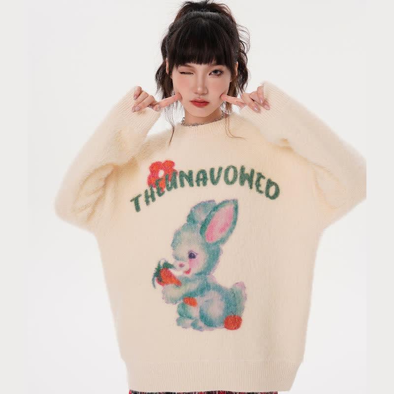 Bunny Letter Print Long Sleeve Round Collar Sweater  |   Sweater Clothing Apricot