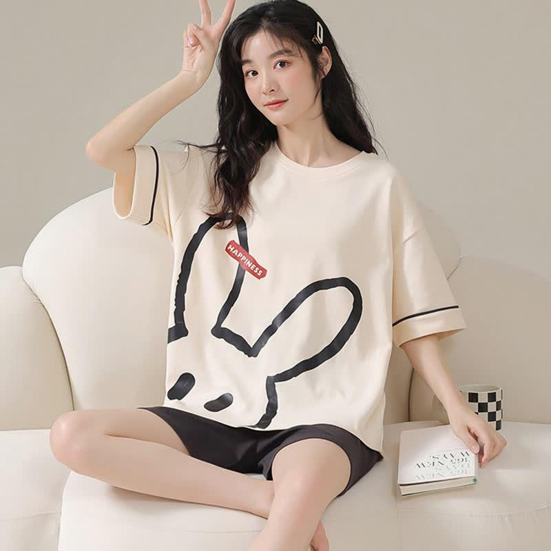 Bunny Print Summer Cotton Pajamas Set  |   Pajamas Clothing Apricot