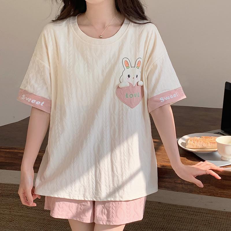 Bunny Print  T-Shirt Shorts Pajamas Set With Breast Pads  |   Pajamas Clothing Pajamas