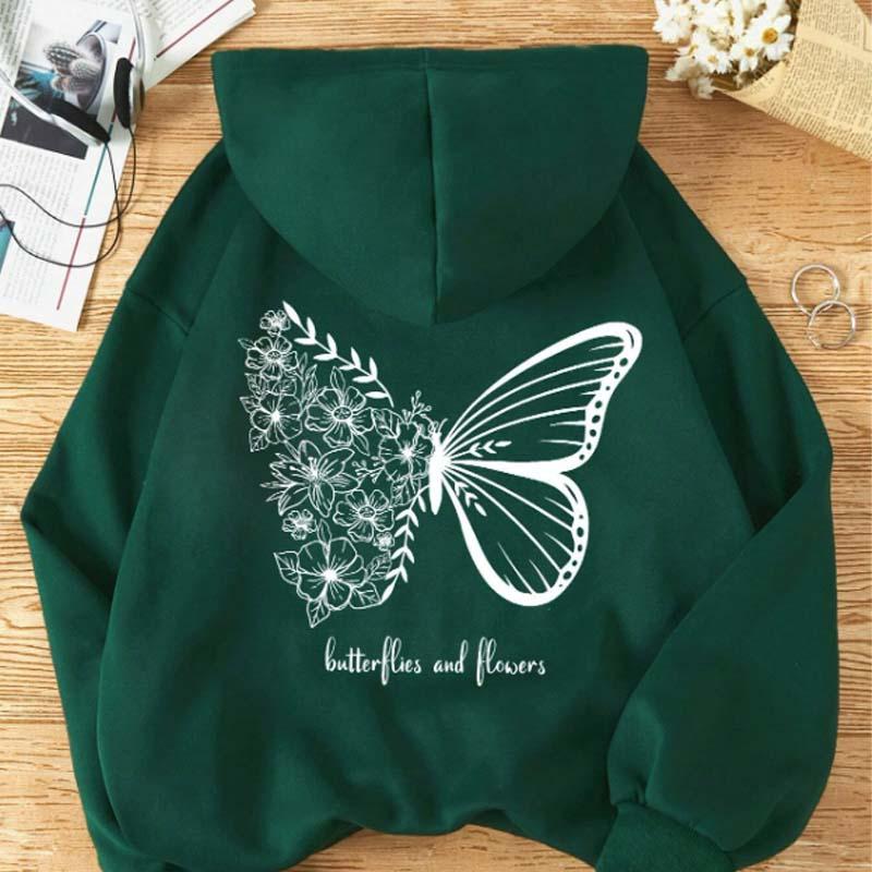 Butterfly Blossom Print Plush Hoodie  |   Sweatshirts & Hoodies Clothing Green