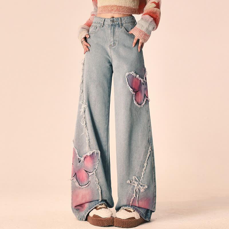 Butterfly Frayed Wide Leg Straight Jeans  |   Pants Clothing Black