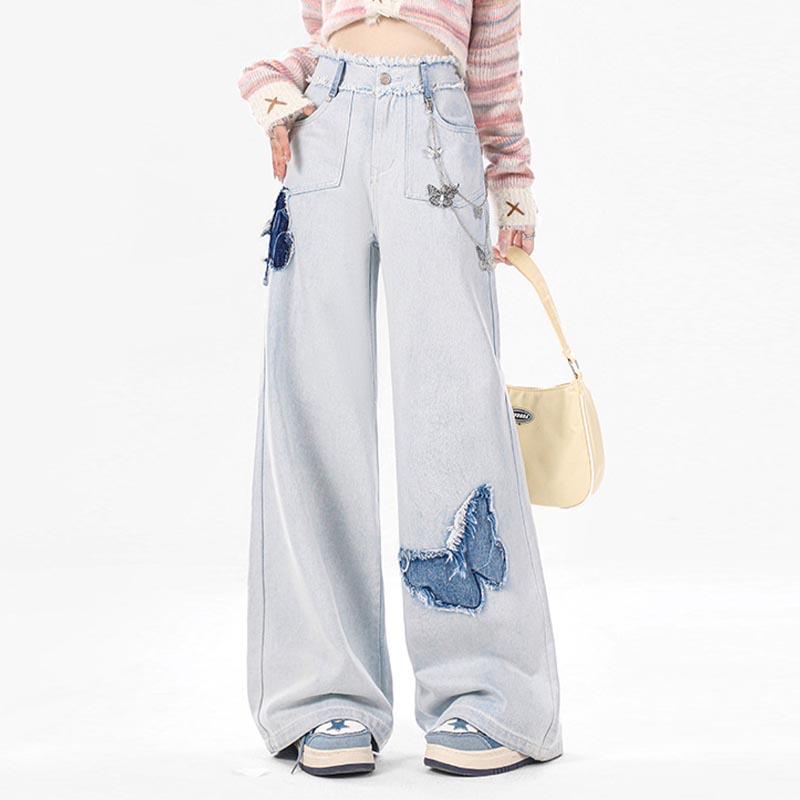 Butterfly High Waist Raw Edge Jeans  |   Pants Clothing Light Blue