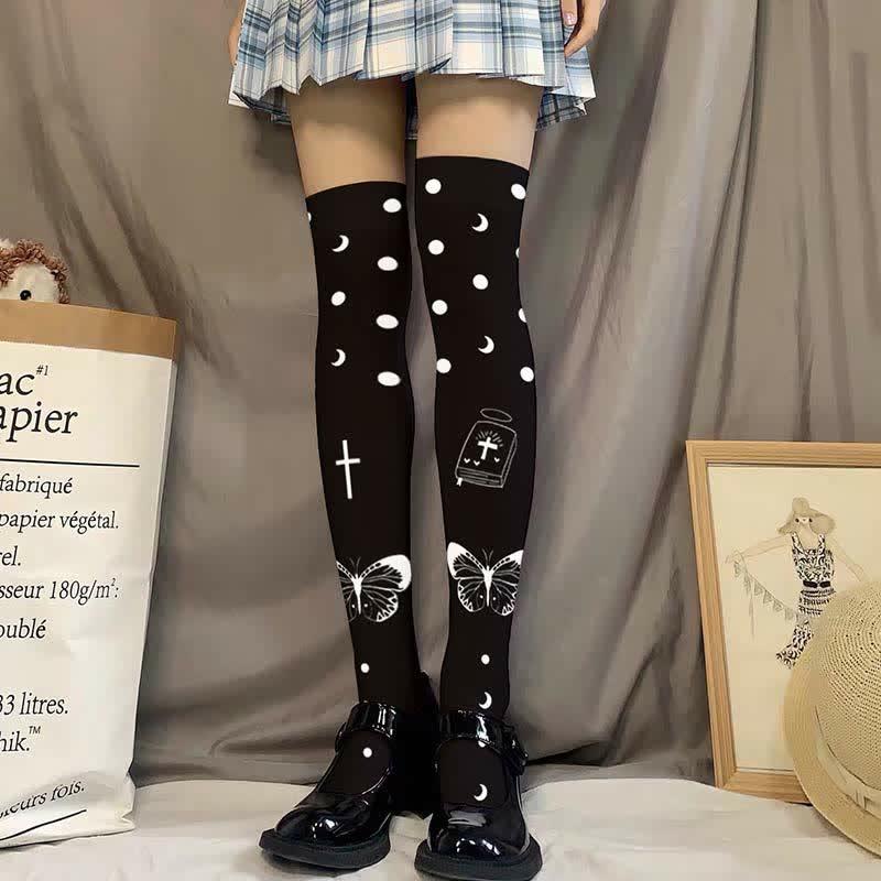 Butterfly Moon Pattern Print Stockings Over The Knee  |   Socks Accessories Black