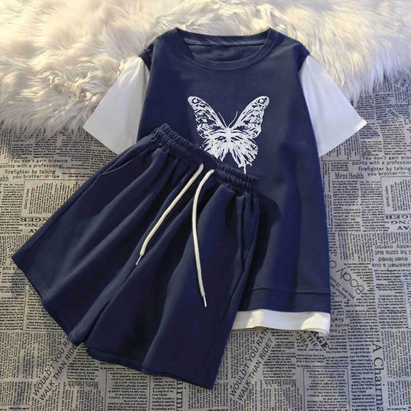 Butterfly Print Color Block T-Shirt Shorts Two Pieces Set  |   T-Shirts Clothing Apricot