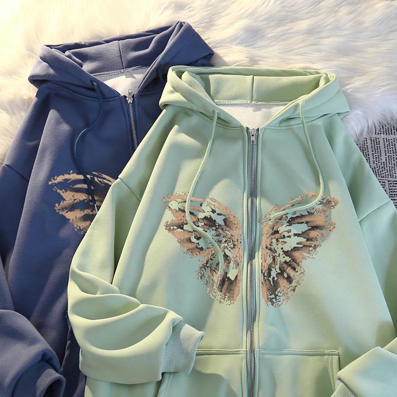 Butterfly Print Loose Plush Zipper Hooded Sweatshirt  |   Sweatshirts & Hoodies Clothing Apricot