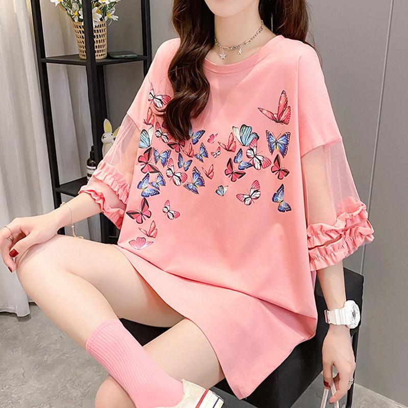 Butterfly Print Round Collar Lace Sleeve Casual T-Shirt  |   T-Shirts Clothing Black