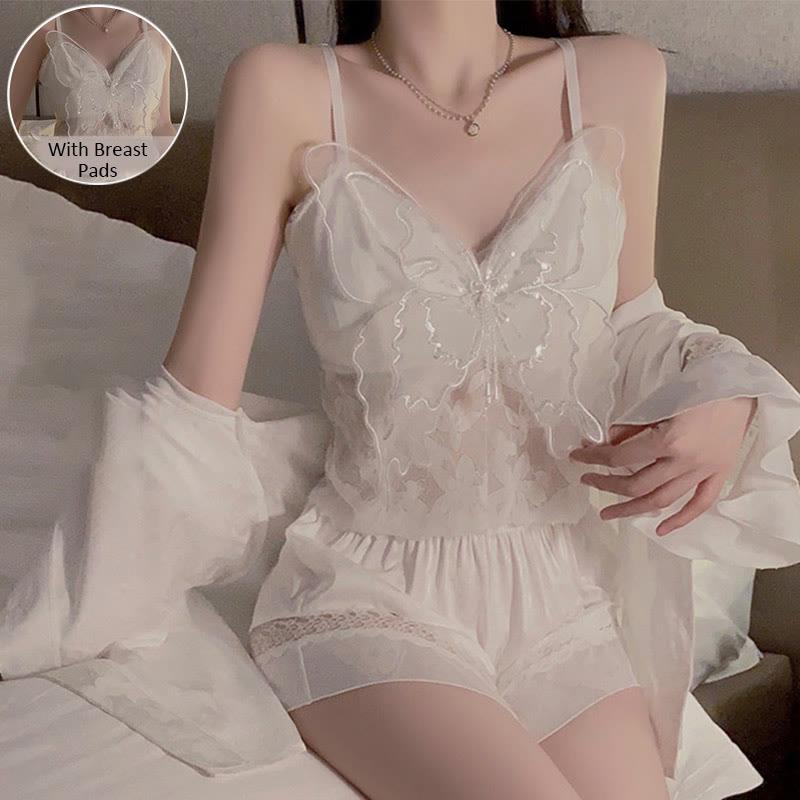 Butterfly V-Neck Lace Cami Top Shorts  Robe Pajamas With Breast Pads  |   Pajamas Clothing Pajamas